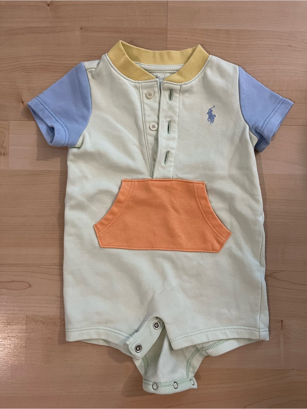 Polo by Ralph Lauren Pastel Yellow, Light Blue & Orange Baby One-Piece